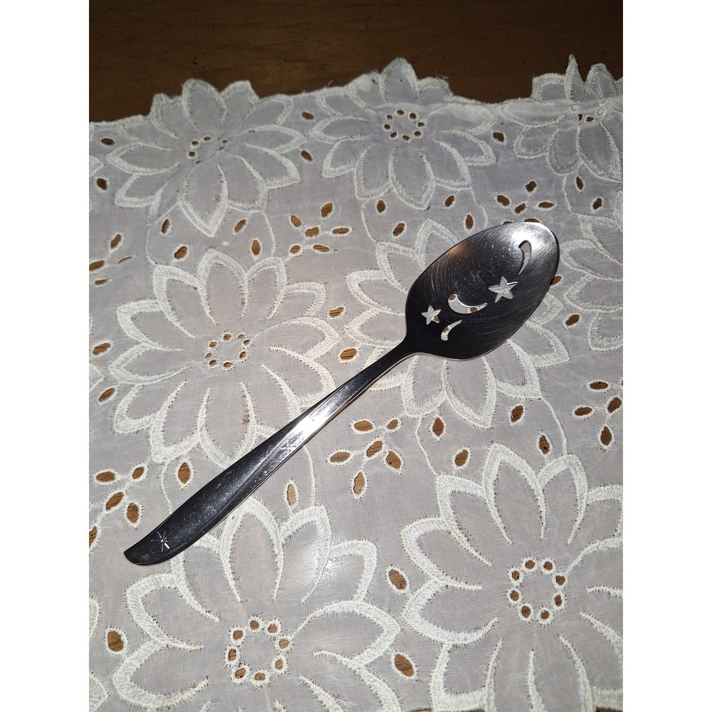 Oneida Community Stainless Slotted Serving Spoon Moon and Stars Celestial 8.5"